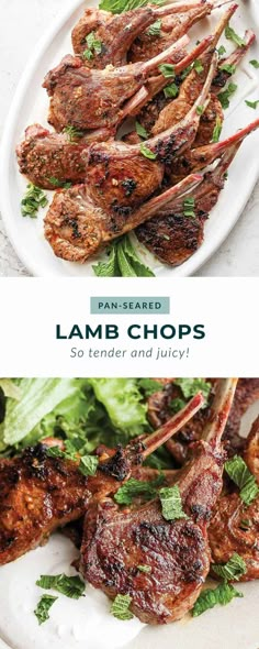 lamb chops on a white plate with parsley and mint garnishes