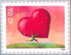 a postage stamp with an image of a person holding a giant heart in the air