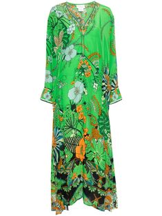 green/multicolour silk textured finish all-over floral print V-neck rhinestone embellishment three-quarter length sleeves two side patch pockets short side slits long length straight hem front zip fastening Green Long Sleeve Maxi Dress With Vibrant Print, Summer Silk Dress With 3/4 Sleeves, Silk Summer Dress With 3/4 Sleeves, Green Floral Print Maxi Kaftan, Silk Dress With Vibrant Green Print, Silk Dresses With Vibrant Green Print, Vibrant Green Silk Dress With Print, Green Silk Dress With Vibrant Print, Green Silk Long Sleeve Maxi Dress