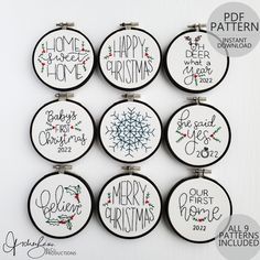 six embroideryed christmas ornaments hanging on a wall