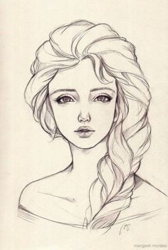 a drawing of a girl with long hair and braids on her head, looking to the side