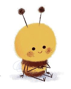 a drawing of a little yellow bug with two antennae on it's back legs