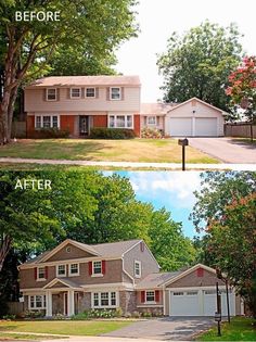 before and after pictures of a house with red shutters on the front, side and back windows