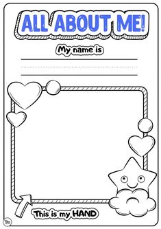 an all about me worksheet with hearts and stars on the front, in black and