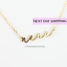 "The dainty Nana Script Necklace features the word \"Nana\" in custom script font.  It sits beautifully on the neckline and looks stunning, whether worn alone or layered. Dainty Nana Charm in Minimalist Script Font has an inch extension length of 16 to 18 inches. Features 5 to 5.5 mm lower case letters." Nana Necklace, Magnetic Latch, Script Necklace, Premium Jewelry, Gift For Grandma, Chain Ring, Jewelry Boxes, Script Font, Grandma Gifts