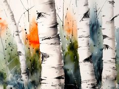 watercolor painting of birch trees with orange leaves