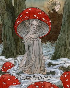 a painting of a woman holding an umbrella in the water with red mushrooms around her