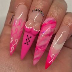 nails nation Pink Breast Awareness Nails, Long Length Nails, Camouflage Nails, Length Nails, Romantic Nails, Pink Nail Designs, Dip Powder Nails, Acrylic Press On Nails, Nail Sizes