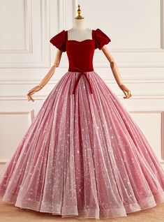 Pink Tulle Gown, Pink Tulle Skirt, Pink Ball Gown, Bow Sash, Quinceanera Dress, Burgundy Velvet, Tulle Gown, Pink Tulle, Red Prom Dress