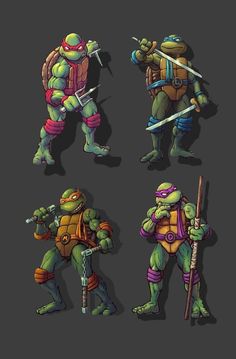 four different types of ninja turtles with swords and helmets on their heads, all in different poses