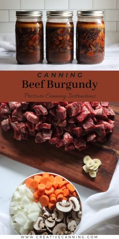 canned beef and carrots in canning jars on a cutting board with the title above it