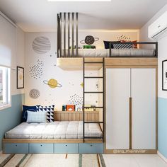 a bedroom with a bunk bed, desk and ladder to the upper level above it