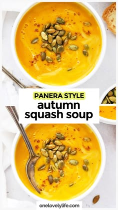 two bowls filled with pumpkin squash soup on top of a table