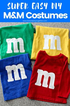 three super easy diy m & m costumes with the letter m and m on them