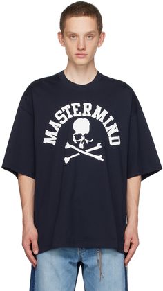 Cotton jersey T-shirt. · Rib knit crewneck · Logo printed at chest and back · Logo patches at hem · Detachable logo-printed trim at interior Supplier color: Navy Japan T Shirt, Japan Clothing, Mastermind Japan, Japan Outfit, Skull T Shirt, Skull Tshirt, Knit Crewneck, Jersey T Shirt, Luxury Streetwear