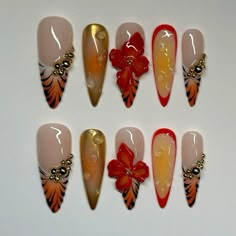 Red And Yellow Nails Acrylic, Red Ruby Nails, 3d Fall Nail Designs, Orange Themed Nails, Lily Flower Nails, Yellow And Red Nails, Orange And Red Nails, Red And Cheetah Nails, Fall Gel X Nails