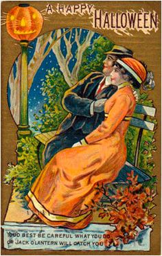 an old halloween card with a man and woman sitting on a bench in front of a pumpkin