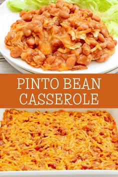 pinto bean casserole with cheese and lettuce in it on a white plate