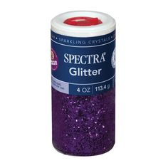 a jar of purple glitter on a white background with the words spectroa glitter in red