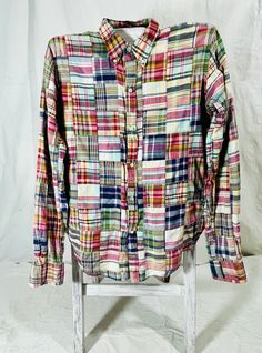 1990s Ralph Lauren- cotton/madras shirt/made in India/label reads 12 child's please note measurements for sizing/visible mending a blue patch on the right elbow (home repair)/no stains/near perfect Across the Shoulder - 16" Pit to Pit - 20" Sleeve - 26" Neck - 15.5" Length off Garment - 27" Plaid Patchwork Cotton Tops, Plaid Patchwork Cotton Shirt, Cotton Patchwork Button-up Shirt, Fitted Cotton Shirt With Patchwork, Fitted Cotton Patchwork Shirt, Cotton Patchwork Button-up Flannel Shirt, Patchwork Cotton Flannel Button-up Shirt, Multicolor Cotton Button-up Shirt, Multicolor Cotton Patchwork Shirt