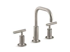 two faucets in brushed steel, one with handles and the other without handles