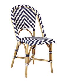 a blue and white chair with a chevron seat cover on it's back