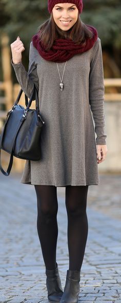 Image result for WHAT TO WEAR WITH BOOTIES Sweater Dress With Tights, Soccer Banquet, How To Wear Ankle Boots, Winter Boots Outfits, How To Wear Leggings, Cozy Dress, Dresses Casual Winter, Winter Work, Fitness Wear