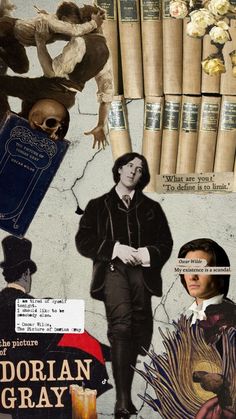 collage of images with books, hats, and other things on it that appear to have been altered