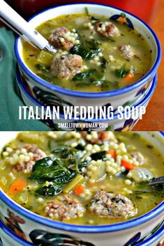 two bowls filled with meat and vegetable soup