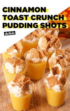 cinnamon toast crunch pudding shots on a wooden table