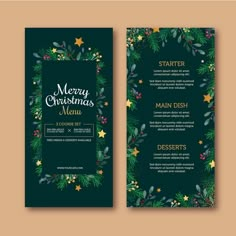 two christmas menus with green leaves and gold stars on the front, one is dark green