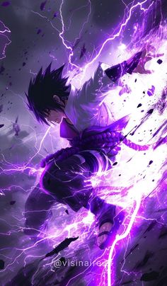 an anime character with purple lightnings in the background and his arms outstretched, as if he