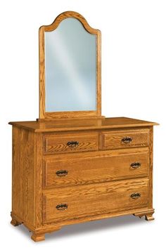 a wooden dresser with a mirror on it's top shelf and drawers below the drawer