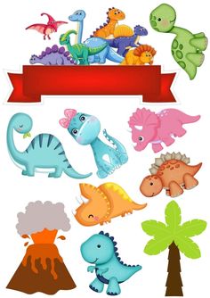 an assortment of cartoon dinosaurs on a white background