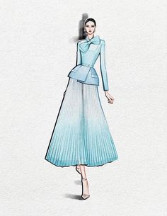 a drawing of a woman in a blue dress with pleated skirt and high heels