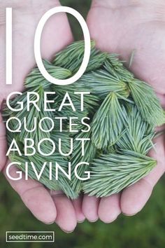 two hands holding green plants with the words 10 great quotes about giving