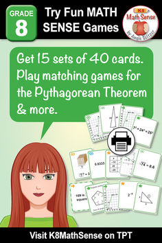 For Grade 8, get 15 sets of 40 cards. Play matching games for the Pythagorean Theorem and more. Math Practices Posters, Games For Small Groups, Division Fact Families, Equivalent Expressions, Math Card Games, Matching Activities, Fun Card Games, Classroom Signs, 8th Grade Math