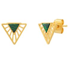 These naturally elegant triangle stud earrings, crafted to perfection with gold plating and genuine malachite accents, bring timeless sophistication to any style. Their refined glamour will stand out as a sophisticated statement, radiating a classic luxury. Gold-Plated Brass, Malachite Art Deco Accessories, Deco Accessories, Tai Jewelry, Jewelry Wardrobe, Triangle Earrings Stud, Fine Gold Jewelry, Gladiator Heels, Triangle Studs, Malachite Stone