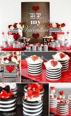 valentine's day desserts and cupcakes are displayed on red, black and white plates