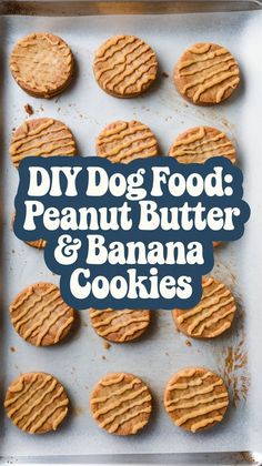 peanut butter and banana cookies on a baking sheet with the words dry dog food, peanut butter & banana cookies