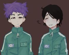 two anime characters with purple hair and green clothes, one is staring at the camera