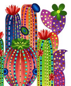 an image of colorful cactuses with dots and flowers on it's back side