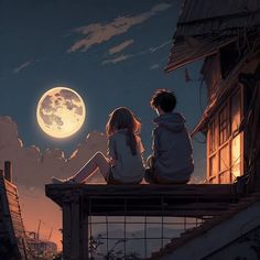 two people sitting on a roof looking at the moon