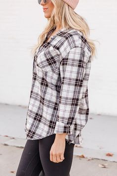 Plaid Check Style Button Down Long Sleeve Collared Shirt Plaid Long Sleeve Top With Button Closure, Plaid Long-sleeve Top With Button Closure, Plaid Button-up Blouse For Winter, Plaid Tops With Button Closure For Fall, Winter Plaid Button-up Blouse, Plaid Button-up Tops With Buttons, Winter Plaid Buttoned Tops, Button Up Blouse, Plaid Print