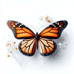 an orange butterfly sitting on top of white flowers