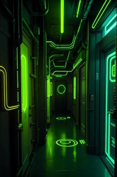 the hallway is lit up with neon lights and green pipes running down it's walls