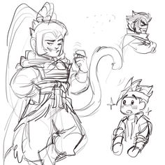 an image of some character sketches from the animated movie, dragon boy and his cat friend