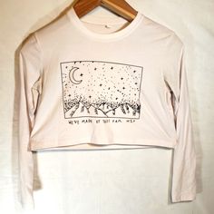 We've Made It This Far Kid, Croptop Long Sleeve Shirt. Mountain Stars Moon & Sky Summer Long Sleeve Crop Top With Letter Print, Fitted Long Sleeve Tops With Star Print, Fitted Tops With Star Print For Fall, White Long Sleeve Crop Top With Graphic Print, Fitted Star Print Tops For Fall, Relaxed Fit Star Print Top For Fall, Long Sleeve Cotton Tops With Moon Print, Cotton Long Sleeve Tops With Moon Print, Long Sleeve Cotton Top With Moon Print