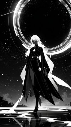 an anime character standing in front of a black and white background with the moon behind her