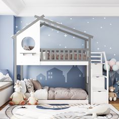 House Shape Twin Over Twin Low Bunk Bed With Stairway And Guard Rail Bunk Bed House, Round Windows, Bunk Bed With Storage, Trundle Bed With Storage, Double Bunk Beds, Low Bunk Beds, House Bunk Bed, Guard Rail, Wood Bunk Beds